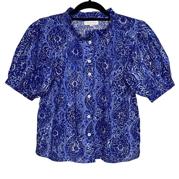 Marea by Liz Joy Women's XS Blouse Boho Cotton Blue Floral Button Up Short Slv - Picture 1 of 8